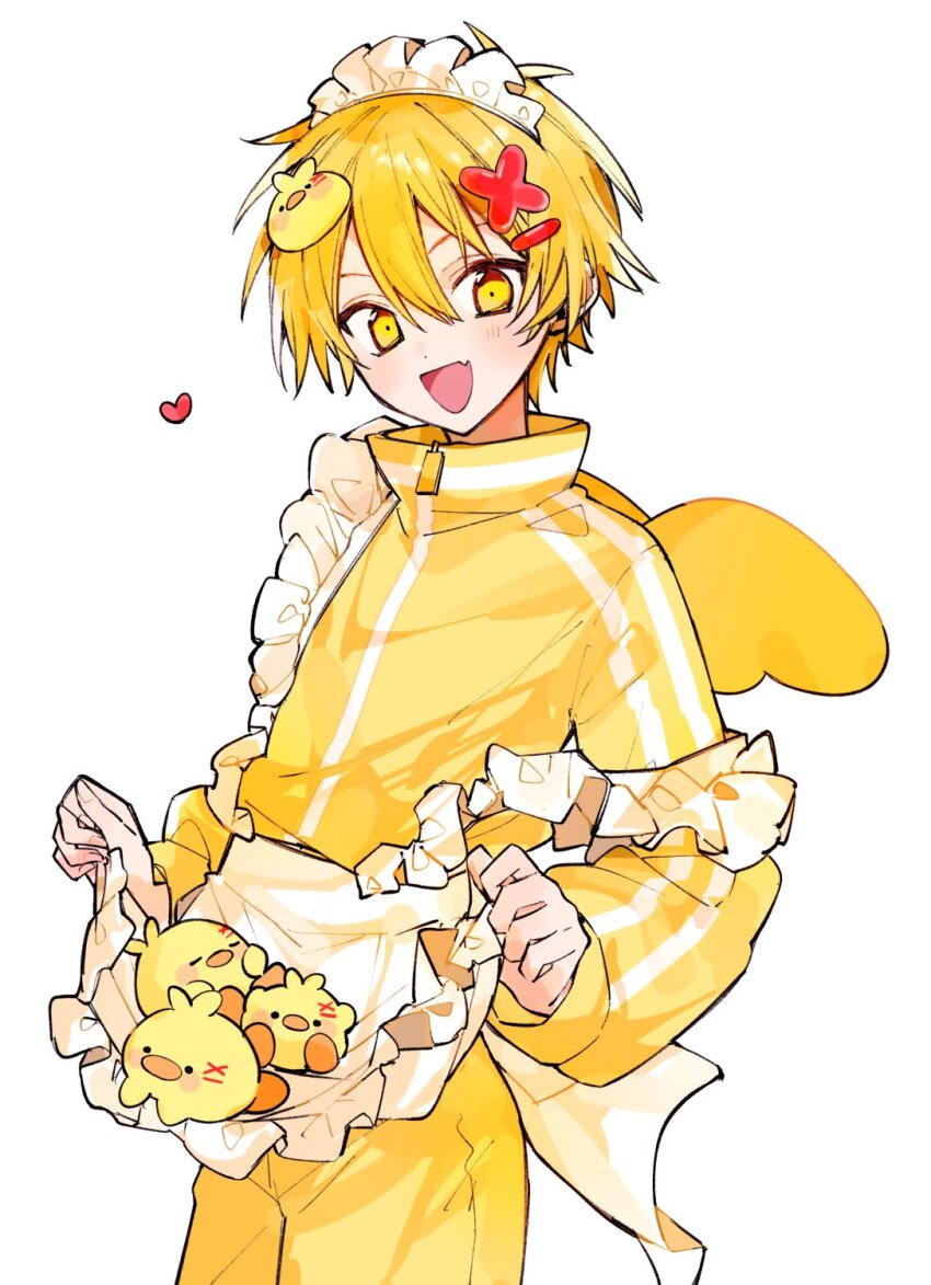 1boy :d adjusting_apron animal animal_hair_ornament apron apron_basket baby_animal bird blood cowboy_shot dot_nose double-parted_bangs duck duck_hair_ornament duckling fang hair_ornament hairpin happy heart highres holding jacket long_sleeves looking_at_viewer maid_headdress male_focus mini_wings open_mouth original osr_00_osr pants short_hair simple_background skin_fang smile solo standing strap_slip track_suit two-handed waist_apron white_background wings x_hair_ornament yellow_eyes yellow_jacket yellow_pants yellow_theme yellow_track_suit yellow_wings
