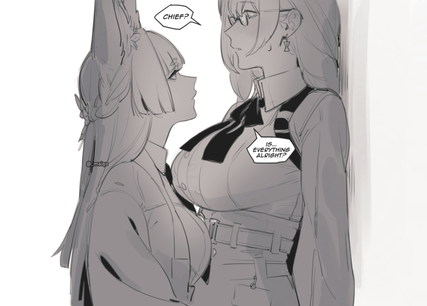 2girls animal_ears blush breasts earrings glasses height_difference hoshimi_miyabi jacket jewelry large_breasts long_hair maiqo medium_breasts multiple_girls tsukishiro_yanagi yuri zenless_zone_zero