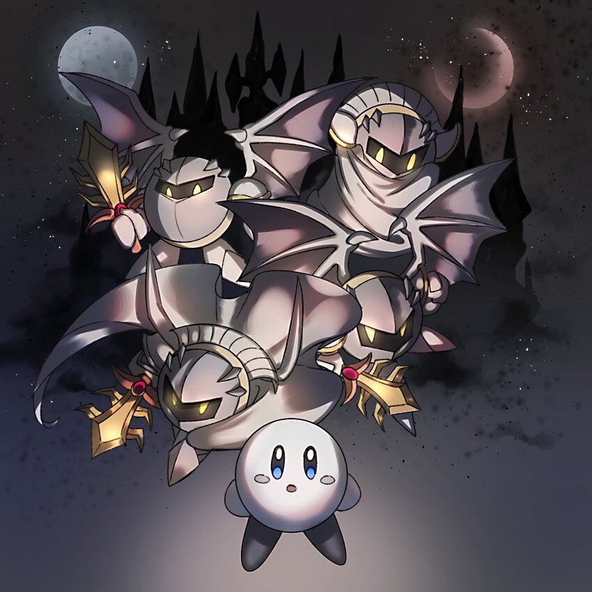 armor blush_stickers cape commission full_body grey_cape high_collar highres holding holding_sword holding_weapon kirby kirby_(series) mask meta_knight moon multiple_moons night nintendo no_humans open_mouth shoulder_armor sword weapon wings yasaikakiage yellow_eyes