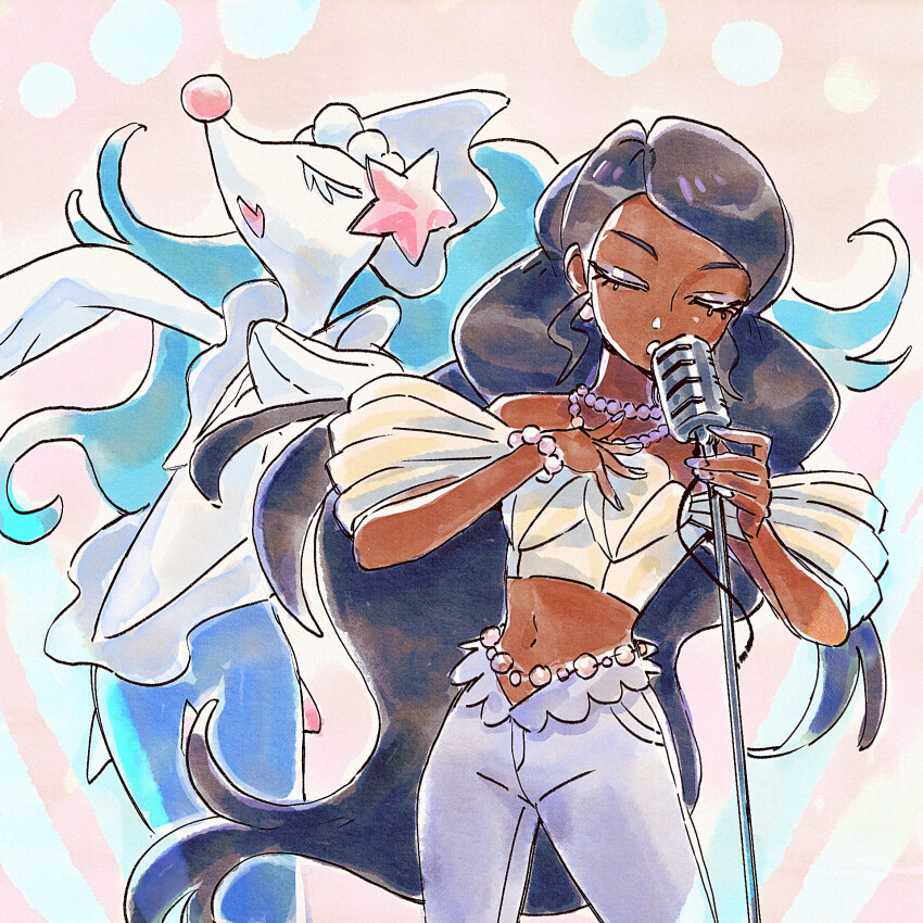 2girls bead_bracelet bead_necklace beads belly_chain black_hair blue_hair bracelet closed_eyes clown_nose colored_eyelashes crop_top dark-skinned_female dark_skin earrings eyeshadow fang fingernails gen_7_pokemon go-lurk hand_on_own_chest highres holding holding_microphone_stand jewelry long_fingernails long_hair makeup mermaid microphone microphone_stand monster_girl multiple_girls music nail_polish navel necklace nintendo off-shoulder_shirt off_shoulder open_mouth pearl_earrings pearl_hair_ornament pokemon pokemon_(creature) primarina puffy_short_sleeves puffy_sleeves purple_eyeshadow purple_nails shirt short_sleeves sidelocks singing skin_fang snout starfish_hair_ornament u_u very_long_hair white_shirt