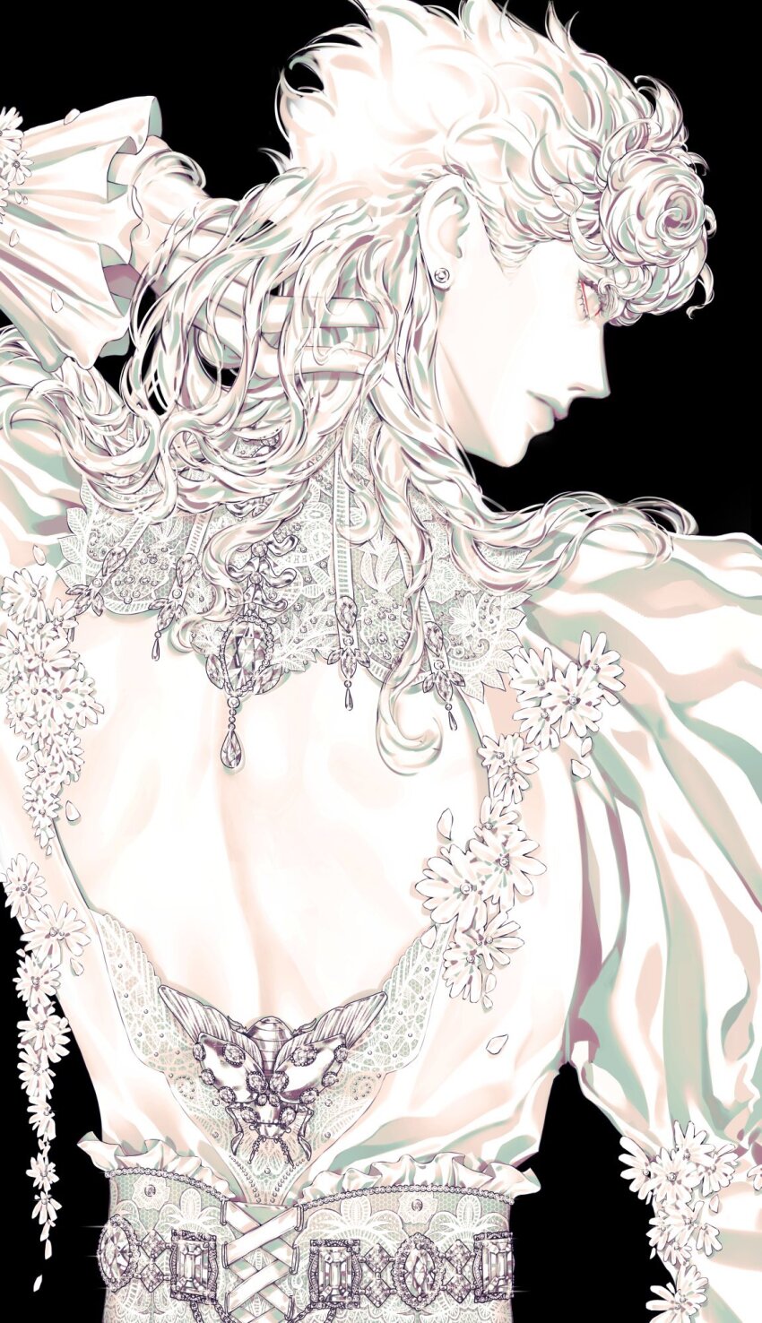 1boy back back_cutout backless_outfit black_background bug clothing_cutout commentary cross-laced_clothes earrings flower frilled_sleeves frills from_behind giorno_giovanna hand_in_own_hair hand_on_own_neck hashtag-only_commentary highres jewelry jojo_no_kimyou_na_bouken ladybug_ornament long_hair long_sleeves looking_at_viewer looking_back male_focus monochrome profile puffy_sleeves solo stud_earrings upper_body vento_aureo zhhy3324