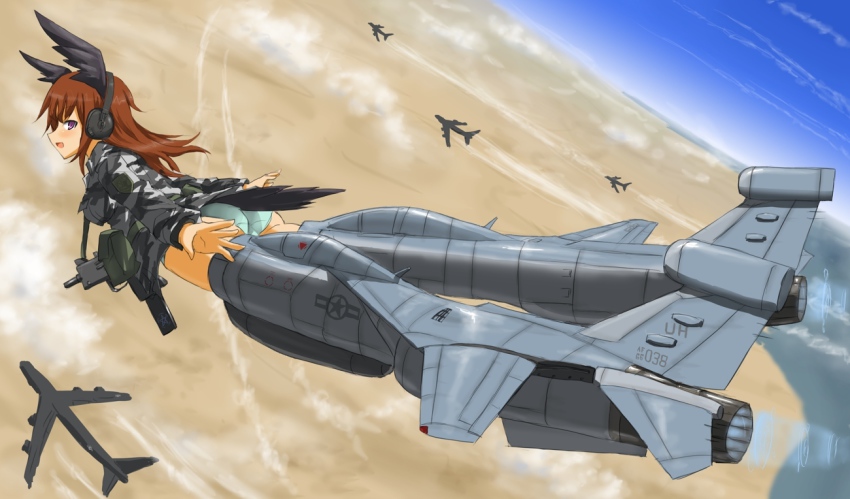 1girl b-52 b-52_stratofortress bad_id bad_pixiv_id brown_hair camouflage dakku_(ogitsune) desert ef-111 ef-111a female_focus gulf_war gun head_wings headphones heavy_bomber mac-10/11 mecha_musume military military_uniform ocean panties penetrator_(aircraft) purple_eyes solo strategic_bomber strike_witches strike_witches_1991 striker_unit submachine_gun tail underwear weapon wings world_witches_series