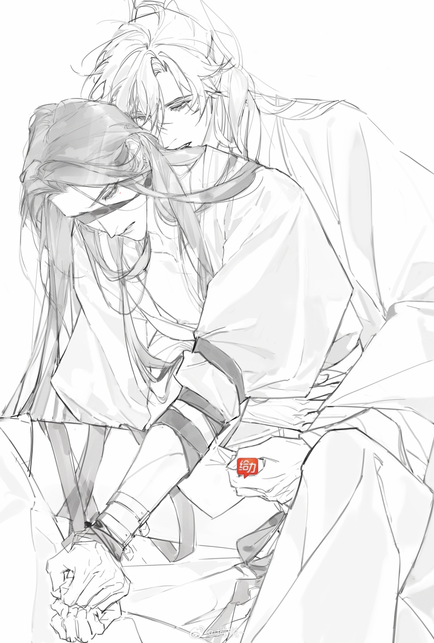 2boys absurdres arm_around_waist bare_pectorals bdsm biting blindfold bondage bound bound_wrists censored chang_geng chinese_clothes clenched_hands clenched_teeth commentary emoji emoji_censor greyscale gu_yun handjob hanfu high_ponytail highres long_hair long_sleeves looking_at_another looking_down male_focus monochrome multiple_boys neck_biting nipples no_pants open_clothes parted_lips pectorals ponytail sha_po_lang simple_background sitting strap symbol-only_commentary teeth watermark weibo_watermark yaoi yu_shuo_de_nian_ji_zhu