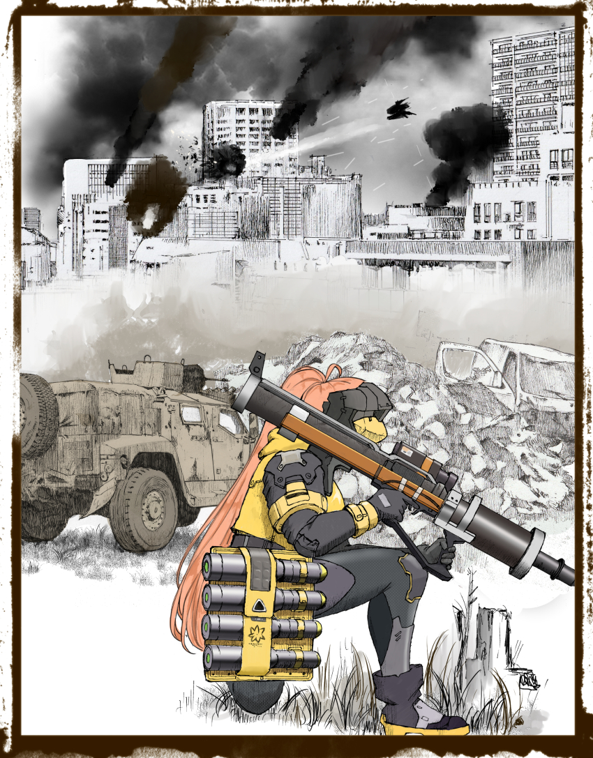 1girl absurdres armor car city commentary_request explosion flying goddess_of_victory:_nikke highres holding holding_rocket_launcher holding_weapon idoll_flower_(nikke) limited_palette military military_uniform motor_vehicle ogirin3948 on_one_knee orange_hair outdoors ponytail rapture_(nikke) rocket_launcher smoke solo spare_tire tactical_clothes unused_tire visor_(armor) weapon