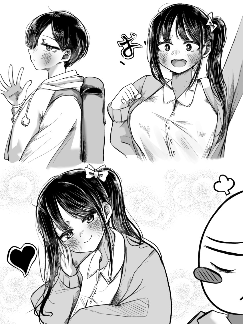 1boy 1girl alternate_hairstyle ao_tanuki arm_up backpack bag blazer blush boku_no_kokoro_no_yabai_yatsu chibi chibi_inset collared_shirt greyscale hand_up heart hetero highres hood hoodie ichikawa_kyoutarou jacket long_hair long_sleeves looking_at_another mole mole_on_neck monochrome multiple_moles multiple_views one_side_up open_mouth shirt short_hair smile smug upper_body waving yamada_anna