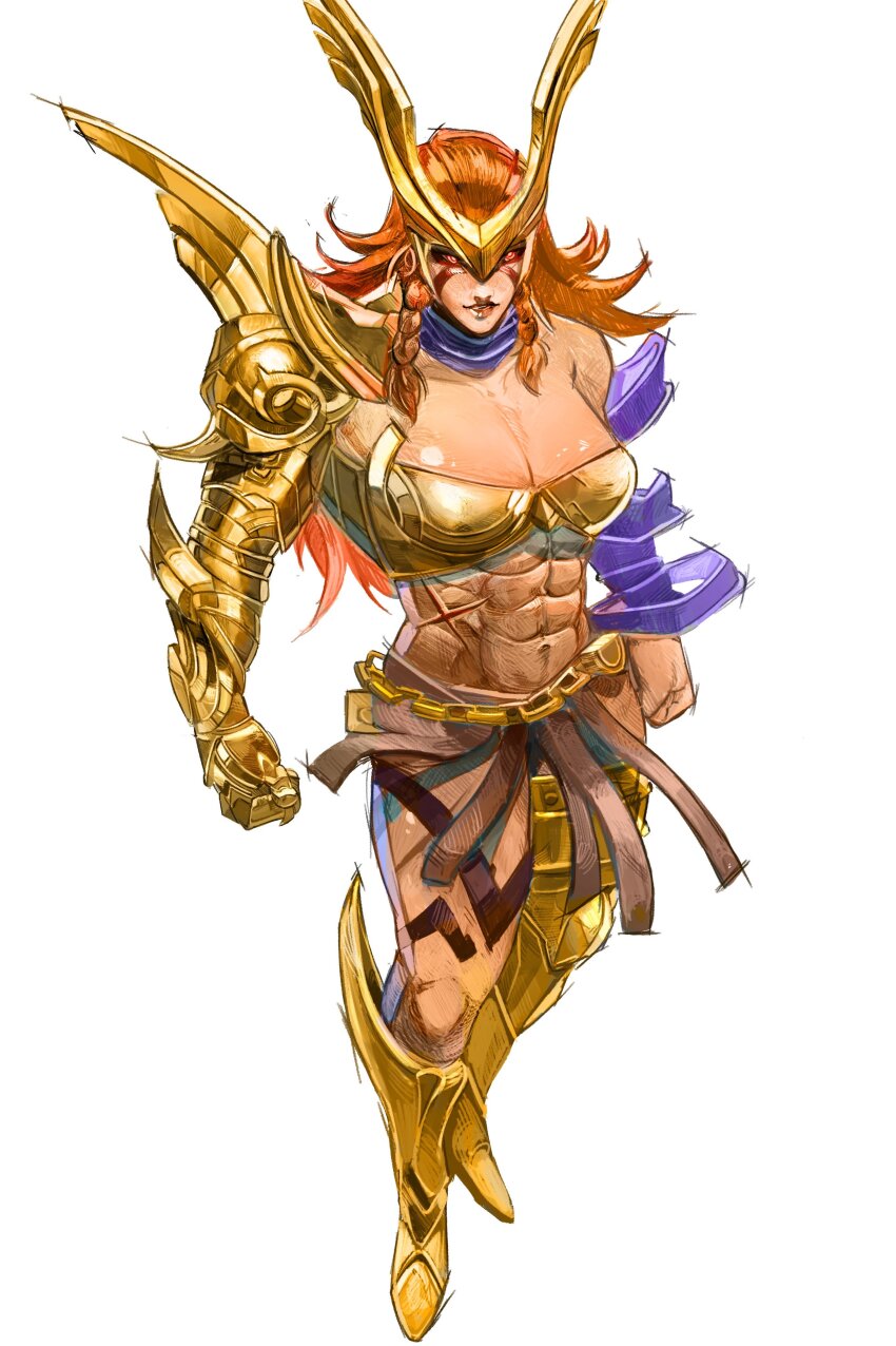 1girl abs absurdres angela_(marvel) armor boots braid braided_sidelocks breasts cleavage clenched_hand commentary full_body gold_armor gold_boots gold_bra highres large_breasts long_hair marvel marvel_rivals muscular muscular_female navel raph_mavrost red_hair scar scar_on_stomach simple_background single_bare_shoulder single_shoulder_pad solo thigh_boots white_background