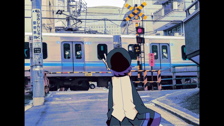 1girl arms_at_sides beret black_hat black_shirt black_skirt black_thighhighs brown_vest building city cowboy_shot day facing_away floating_hair from_behind hat highres kajuu_(maimai_maimaa) long_sleeves looking_to_the_side multiple_unit_train outdoors overhead_line photo_background pillarboxed pleated_skirt purple_hair railroad_crossing rem_(utau) robot_ears shibuya_(tokyo) shirt short_hair skirt sleeves_past_fingers sleeves_past_wrists solo standing thighhighs tokyo_(city) train tree utane_uta utau utility_pole vest yoyogi