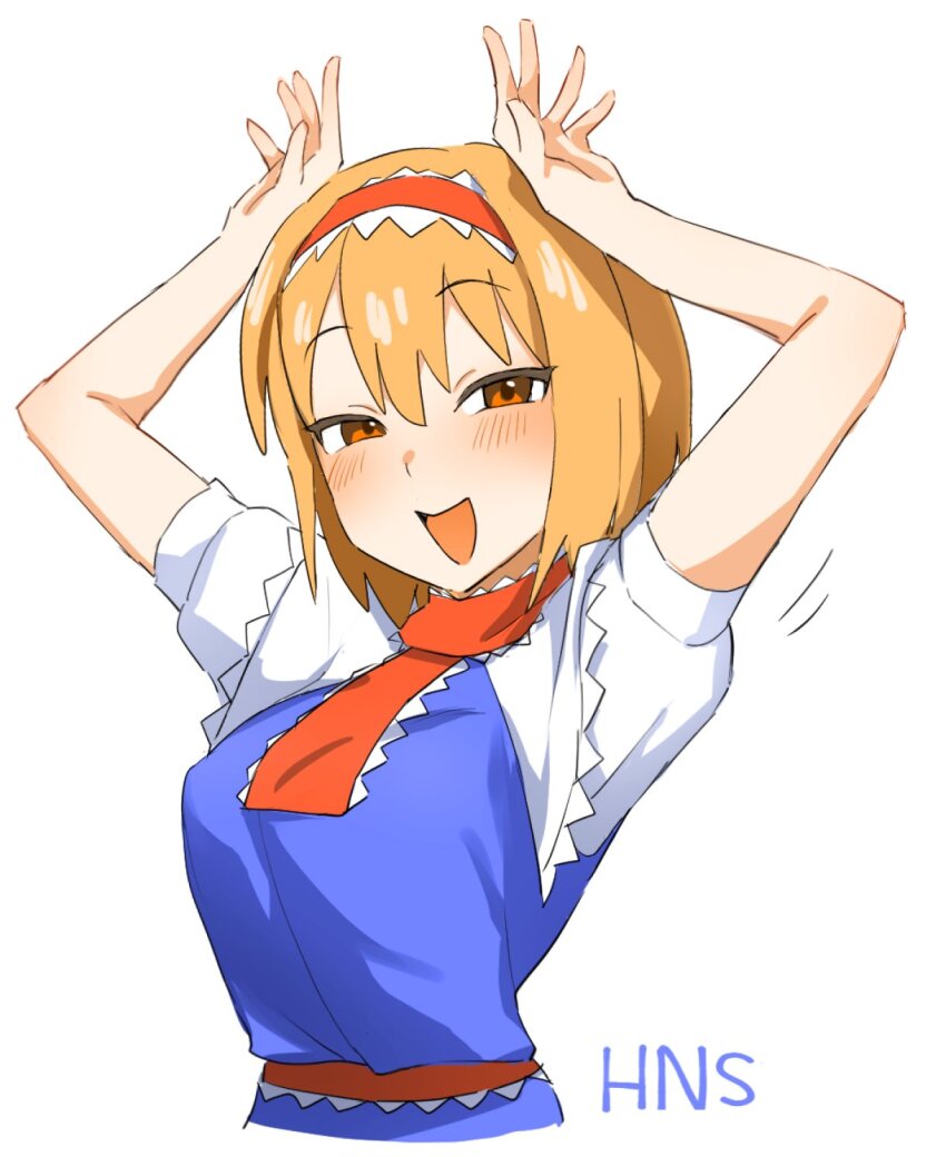 1girl alice_margatroid arms_up blonde_hair blue_dress blush breasts capelet character_name commentary_request cookie_(touhou) dress frilled_hairband frilled_necktie frilled_sash frills hair_between_eyes hairband highres hinase_(cookie) large_breasts looking_at_viewer necktie open_mouth orange_eyes pura_(aiueo256375) red_hairband red_necktie red_sash sash shirt short_hair simple_background sleeveless sleeveless_dress smile solo touhou upper_body white_background white_capelet white_shirt
