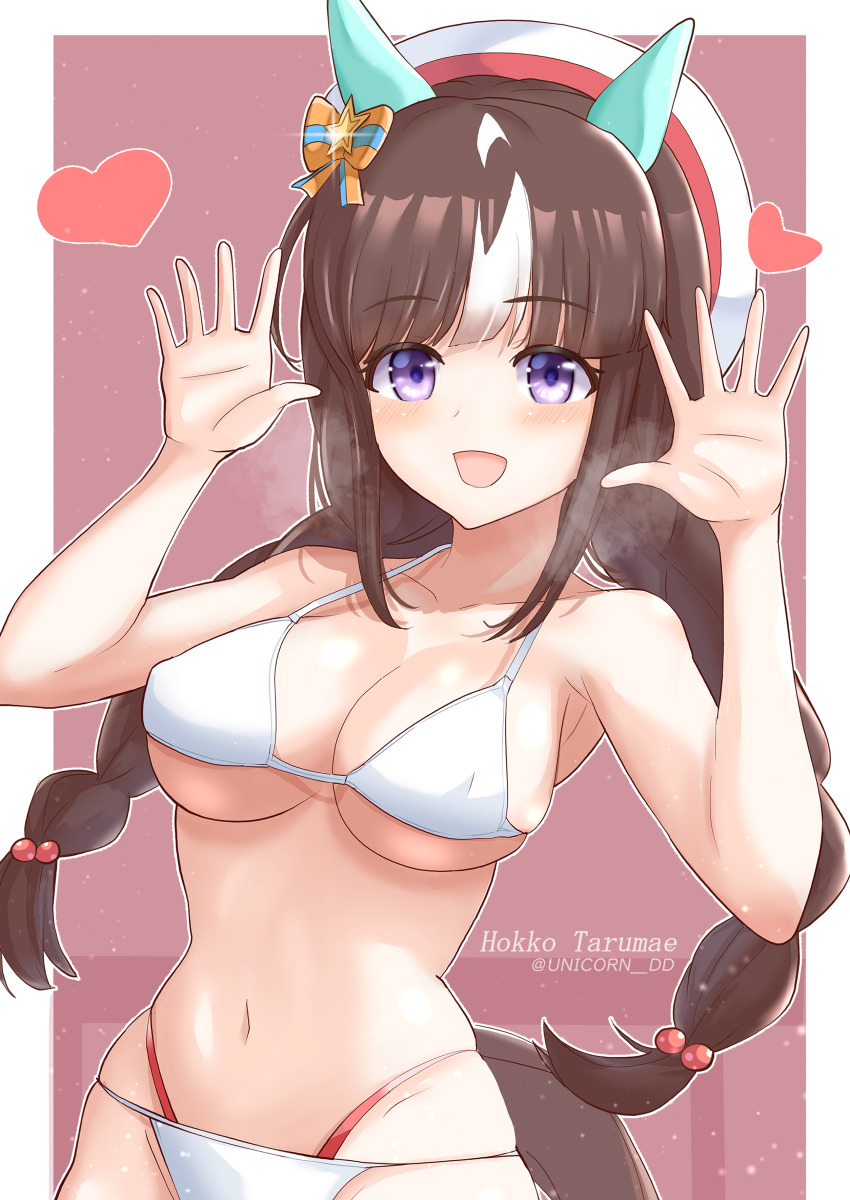1girl absurdres animal_ears black_hair blush braid breasts character_name cleavage commentary_request highres hokko_tarumae_(umamusume) horse_ears horse_girl large_breasts looking_at_viewer navel open_mouth purple_eyes simple_background solo steaming_body swimsuit twin_braids twitter_username umamusume unicorndd123 waving