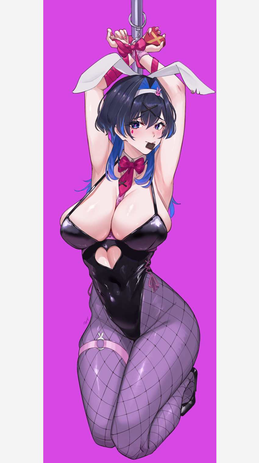 1girl absurdres animal_ear_hairband animal_ears armpits arms_up black_hair black_leotard black_shoes blue_eyes blue_hair bound bound_wrists bow bowtie breasts chocolate cleavage clothing_cutout colored_inner_hair commentary covered_navel cutout_above_navel detached_collar eipanguino english_commentary fake_animal_ears fishnet_pantyhose fishnets food_in_mouth full_body hair_intakes hair_ornament hairband headband heart_cutout highleg highleg_leotard highres hololive hololive_english kneeling large_breasts leotard looking_at_viewer mouth_hold multicolored_hair necktie o-ring o-ring_thigh_strap ouro_kronii pantyhose pink_background pink_bow pink_bowtie pink_necktie playboy_bunny pole rabbit_ear_hairband rabbit_ears rabbit_hole_(vocaloid) restrained shoes simple_background solo stripper_pole teardrop_facial_mark thigh_strap valentine virtual_youtuber white_headband wolf_cut wrist_cuffs x_hair_ornament