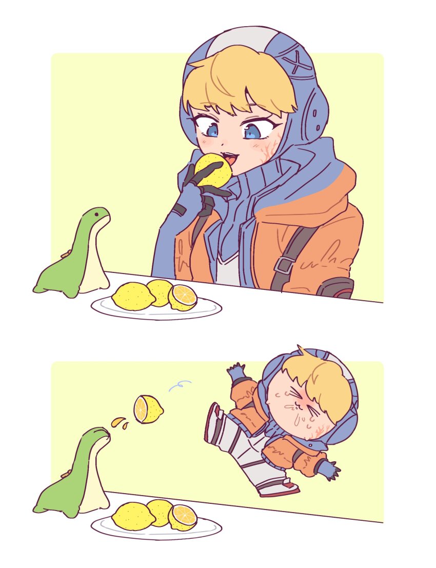&gt;_&lt; 1girl absurdres animification apex_legends blonde_hair blue_bodysuit blue_eyes blue_gloves bodysuit chibi commentary food fruit gloves highres hood hood_down hood_up hooded_bodysuit hooded_jacket jacket lemon licking_lemon looking_down meme nessie_(respawn) nojima_minami open_hands orange_jacket ribbed_bodysuit sour_(taste) stuffed_toy sweat symbol-only_commentary thour_(meme) tongue tongue_out wattson_(apex_legends) white_bodysuit