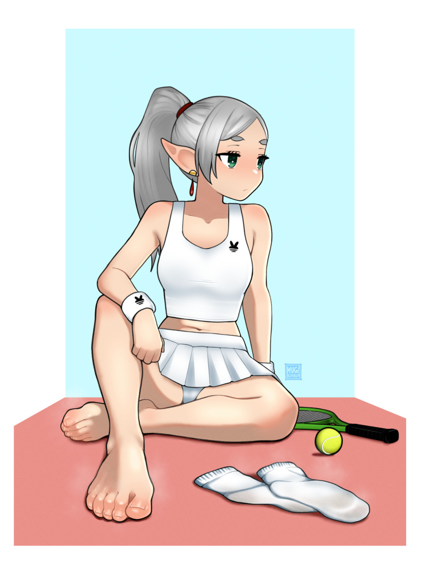 1girl ball barefoot feet frieren green_eyes grey_hair highres long_hair looking_to_the_side mugibunbun panties pantyshot pointy_ears ponytail racket sousou_no_frieren sportswear steam tennis_ball tennis_racket tennis_uniform toes underwear unworn_socks
