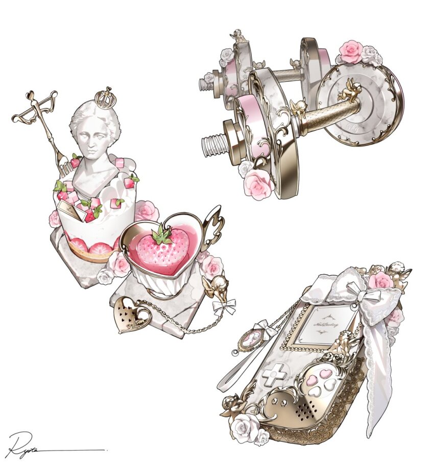 artist_name bust_(sculpture) cake commentary cup dumbbell flower food fork fruit game_boy handheld_game_console jewelry locket no_humans original pendant pink_flower pink_rose ribbon rose ryota_(ry_o_ta) simple_background strawberry symbol-only_commentary tea teacup white_background white_flower white_ribbon white_rose