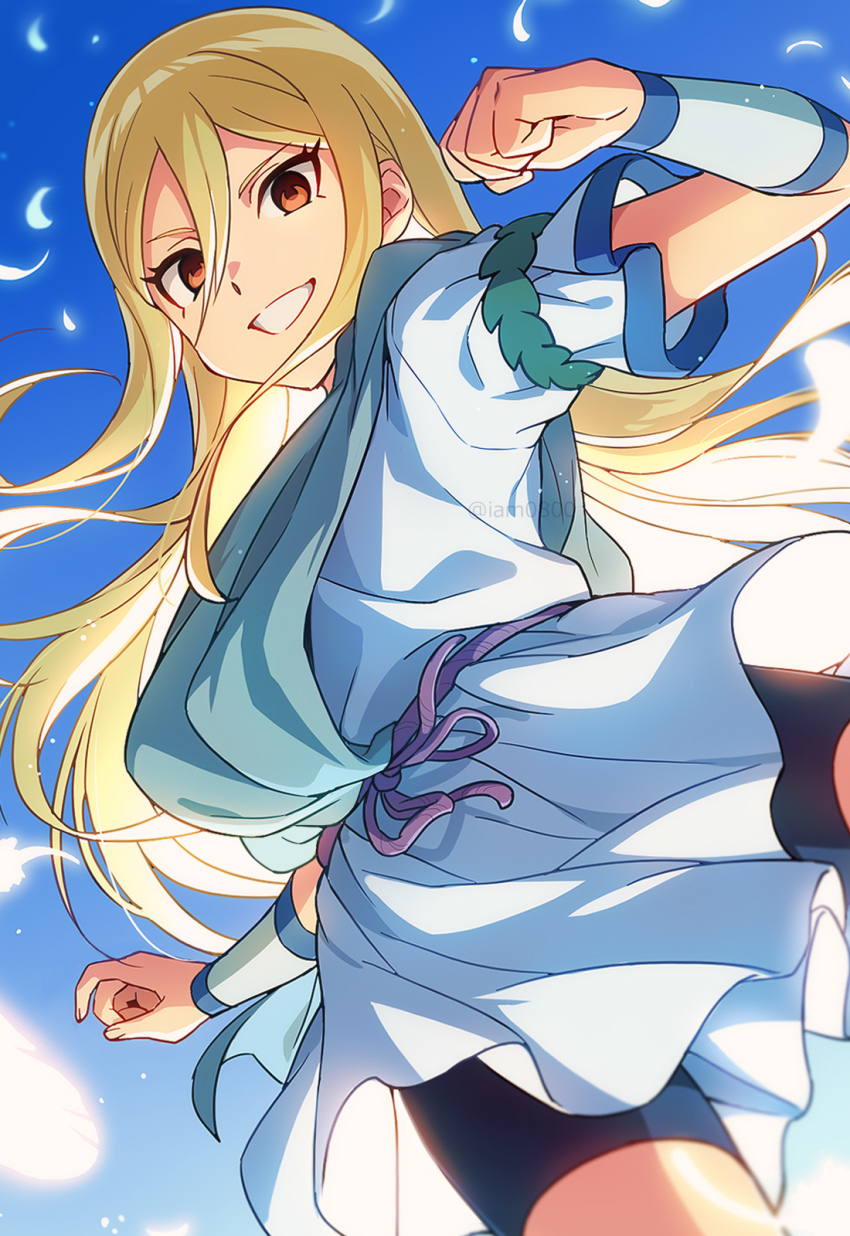 1boy afuro_terumi armband asada_hachi bike_shorts blonde_hair blue_sky blurry clenched_hand commentary day depth_of_field from_below glowing grin hair_between_eyes highres inazuma_eleven inazuma_eleven_(series) long_hair looking_at_viewer male_focus petals red_eyes sky smile solo trap tunic twitter_username watermark zeus_(inazuma_eleven)