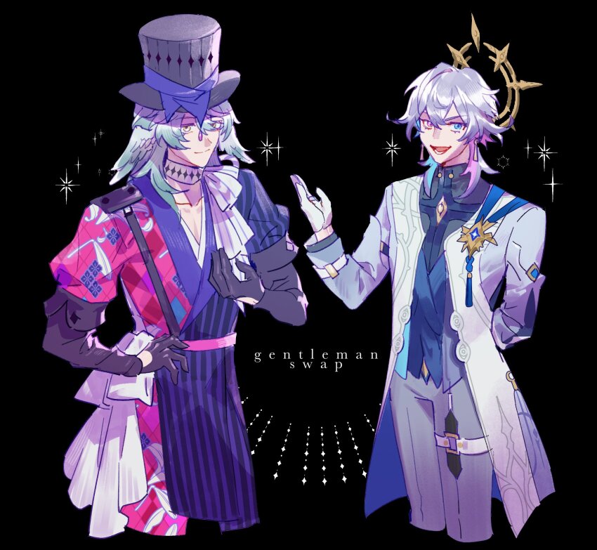 2boys arm_behind_back bishounen black_background black_gloves blue_eyes blue_hair coat collarbone commentary cosplay costume_switch crossover english_commentary english_text gavis_bettel gavis_bettel_(1st_costume) gavis_bettel_(cosplay) gloves grey_hair hair_between_eyes hat hat_ribbon heterochromia highres holostars holostars_english honkai:_star_rail honkai_(series) jewelry long_hair looking_at_viewer lynnear male_focus medium_hair multicolored_hair multiple_boys open_mouth pink_eyes pink_hair ribbon scarf shirt smile sparkle standing star_(symbol) striped_clothes striped_coat sunday_(honkai:_star_rail) sunday_(honkai:_star_rail)_(cosplay) thigh_strap top_hat vertical-striped_clothes vertical-striped_coat virtual_youtuber white_gloves white_hair white_scarf yellow_eyes