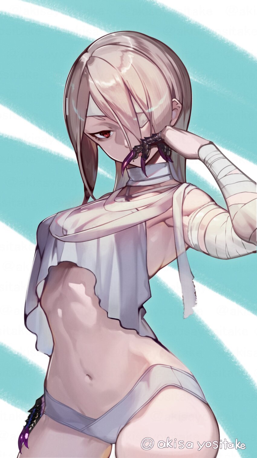 1girl a.k.i._(street_fighter) absurdres akisa_yositake albino artist_name bandage_over_one_eye bandaged_arm bandaged_head bandaged_neck bandages bikini breasts claw_(weapon) claw_ring commentary_request finger_to_mouth grey_bikini grey_hair highres looking_at_viewer mole mole_under_mouth navel official_alternate_costume official_alternate_hairstyle pale_skin red_eyes solo stomach street_fighter street_fighter_6 swimsuit thighs twitter_username weapon