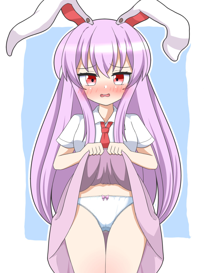 1girl absurdres animal_ears blue_background blush border bow bow_panties breasts clothes_lift collared_shirt commentary_request cowboy_shot d: embarrassed furrowed_brow highres lifting_own_clothes long_hair looking_at_viewer medium_breasts necktie nose_blush open_mouth panties peanut_mouth picot_trim_panties pink_bow pink_skirt purple_hair rabbit_ears rabbit_girl red_eyes red_necktie reisen_udongein_inaba shirt short_sleeves shy skirt skirt_lift solo straight-on thigh_gap touhou underwear white_border white_panties white_shirt zenji029