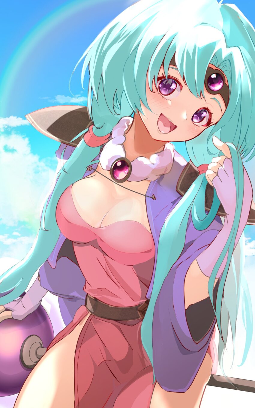 1girl :d belt blue_hair blush breasts cape commentary_request dress fingerless_gloves gloves haou_taikei_ryuu_knight highres long_hair looking_at_viewer medium_breasts muga_(mga2a) open_mouth paffy_pafuricia purple_cape purple_eyes purple_gloves shoulder_pads smile solo strapless strapless_dress twintails