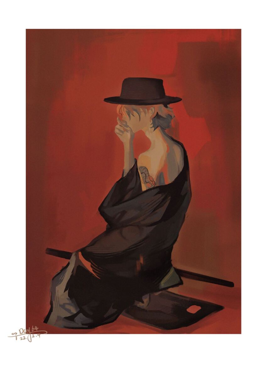 1boy bare_back bare_shoulders black_hat black_kimono border chinese_commentary commentary_request cropped_legs dated from_side grey_pants hair_over_eyes hand_on_own_face hat highres japanese_clothes kimono long_sleeves male_focus orange_hair original pants partially_undressed puffy_pants red_background sanshui_guantang shadow sheath sheathed short_hair short_kimono shoulder_tattoo signature simple_background sleeves_past_fingers sleeves_past_wrists solo sword tattoo weapon white_border wide_sleeves