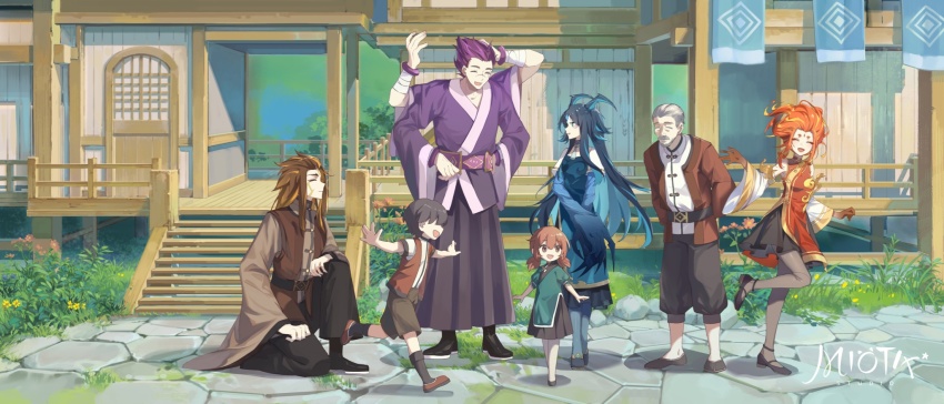 3boys 4boys artist_logo bonanus_(genshin_impact) bosacius_(genshin_impact) child chinese_clothes chinese_commentary commentary_request darkcatowo extra_arms genshin_impact hands_on_own_hips highres indarias_(genshin_impact) logo menogias_(genshin_impact) multiple_boys playing purple_hair