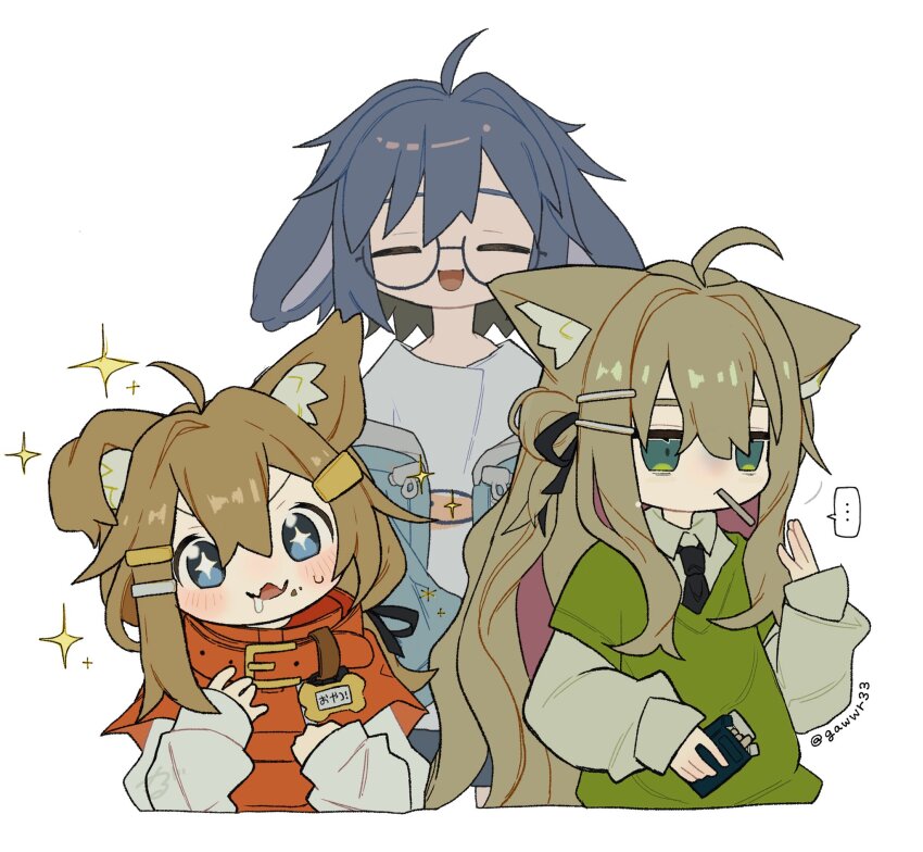 +_+ ... 3girls :3 :d =_= ^_^ ahoge animal_collar animal_ear_fluff animal_ears artist_name belt belt_buckle black_necktie black_ribbon blonde_hair blue_eyes blue_hair blue_jacket blue_shorts blue_sweater blush bone_hair_ornament borrowed_character brown_hair buckle candy capelet cat_ears cat_girl cigarette cigarette_pack closed_eyes closed_mouth collar collared_shirt cropped_legs cropped_torso crossed_bangs dog_ears dog_girl dog_tail dot_nose drooling eating facing_viewer fang fish_hair_ornament floppy_ears food food_in_mouth food_on_face gawwr33 glasses green_eyes green_hoodie green_shirt green_sweater green_vest grey_shirt hair_between_eyes hair_bun hair_intakes hair_ornament hair_ribbon hairclip hand_up hands_up highres holding holding_cigarette holding_food holding_phone hood hood_down hoodie id_card jacket jitome kipfel_(vrchat) layered_sleeves lollipop long_hair long_sleeves looking_at_viewer mamehinata medium_hair mouth_drool mouth_hold multiple_girls name_tag necktie no_nose off_shoulder one_side_up open_clothes open_jacket open_mouth phone pink_hair pocky pocky_in_mouth puffy_long_sleeves puffy_sleeves purple_hair red_capelet red_collar ribbon saliva semi-rimless_eyewear shirt short_hair short_over_long_sleeves short_sleeves shorts sidelocks simple_background single_hair_bun skin_fang sleeves_past_wrists smile smoke smoking sparkle sparkling_eyes speech_bubble spoken_ellipsis standing star_(symbol) sweat sweatdrop sweater sweater_vest symbol-shaped_pupils tail twitter_username under-rim_eyewear upper_body usasaki_(vrchat) v-shaped_eyebrows very_long_hair vest vrchat wallet white_background white_shirt