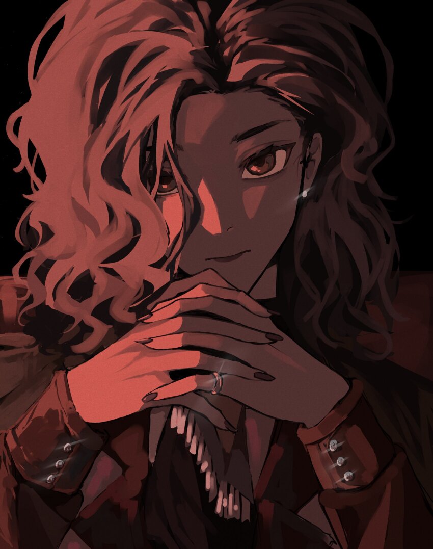 1girl black_background closed_mouth curly_hair earrings hands_up highres interlocked_fingers jewelry looking_at_viewer monochrome multicolored_hair noire_(reverse:1999) own_hands_together portrait red_theme reverse:1999 shirt sidelighting solo wilson_(wilson1151487)