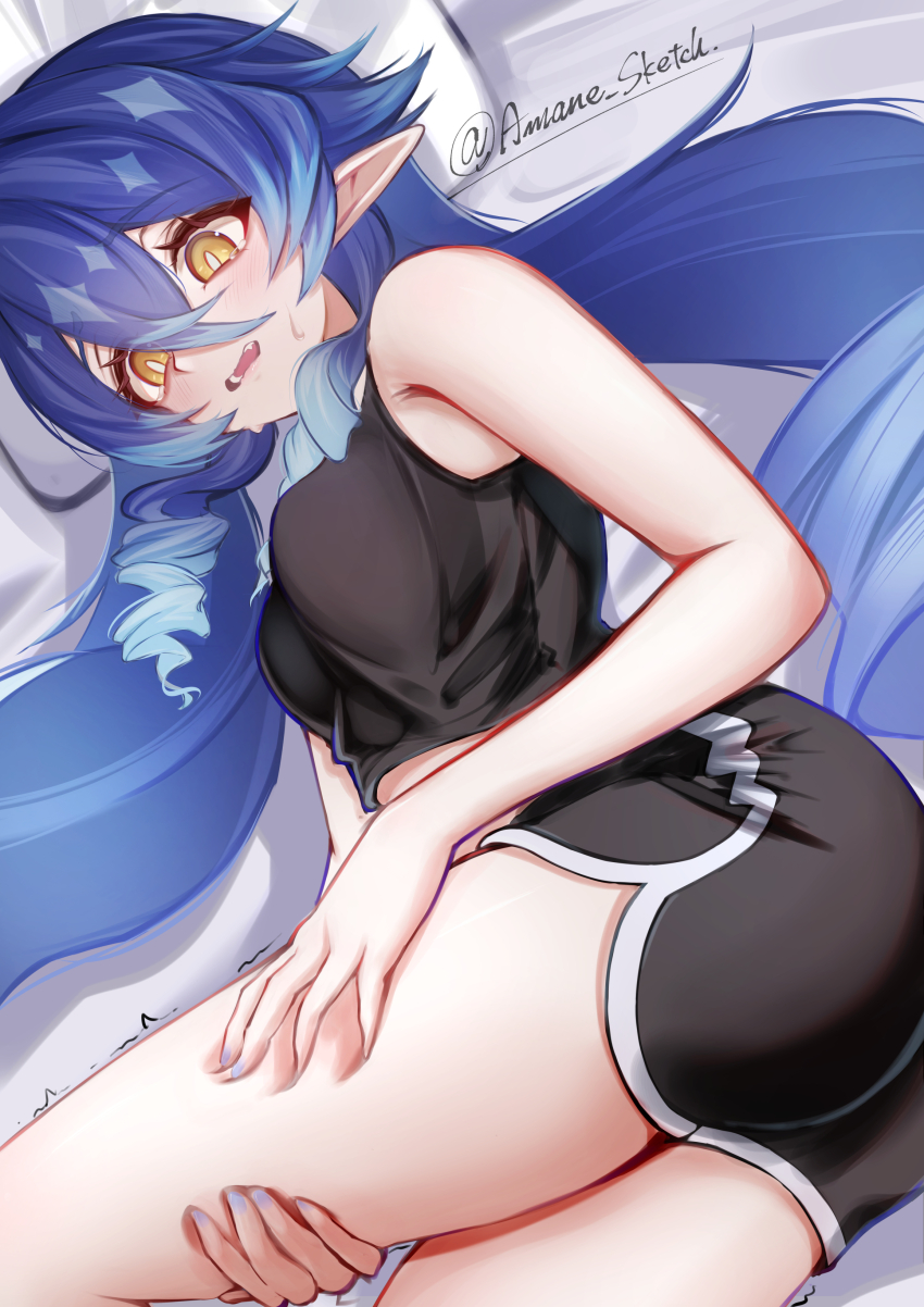 1girl absurdres alternate_costume amaneiru black_camisole black_shorts blue_hair blue_nails breasts camisole commentary_request dolphin_shorts drill_hair drill_sidelocks genshin_impact grabbing_own_thigh highres layla_(genshin_impact) lying medium_breasts on_bed on_side open_mouth pointy_ears shorts sidelocks solo tearing_up trembling twitter_username yellow_eyes