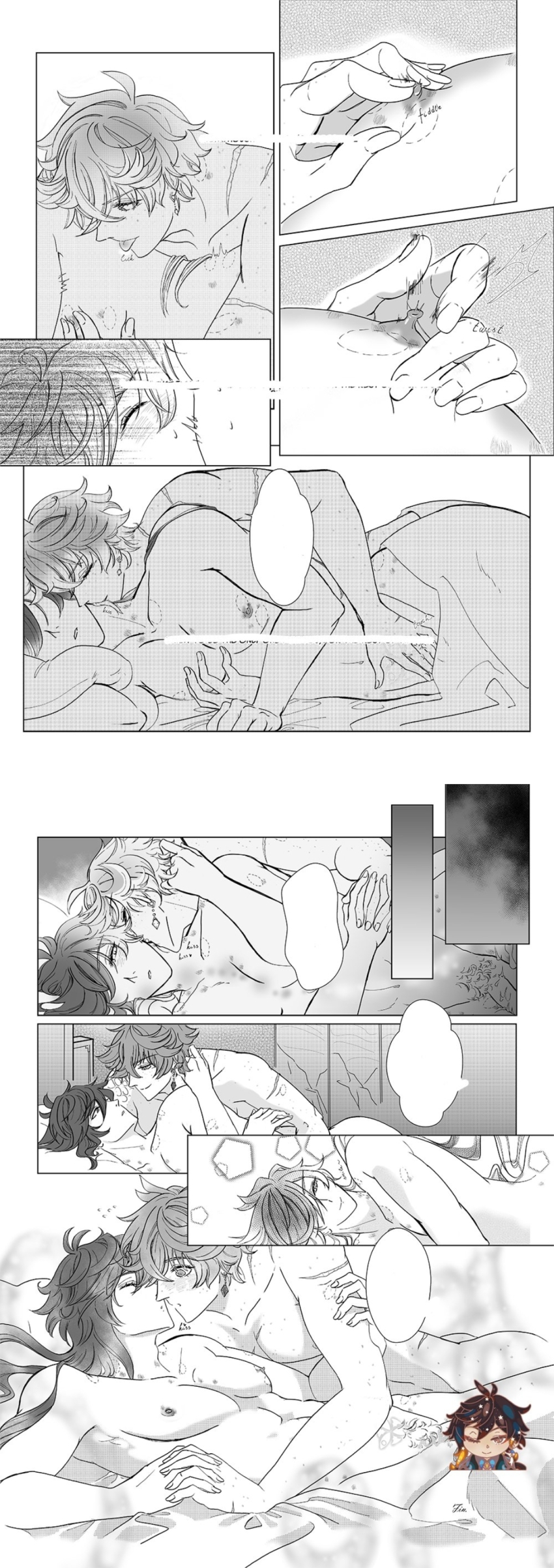 2boys absurdres bite_mark bite_mark_on_breast blush censored ergogida genshin_impact greyscale groping_breast highres implied_sex interlocked_fingers intertwined_hands kiss kissing_neck male_focus monochrome multiple_boys nipple_stimulation nipple_tweak nipples nude piercing sex tartaglia_(genshin_impact) tongue tongue_piercing twitter white_background yaoi zhongli_(genshin_impact)