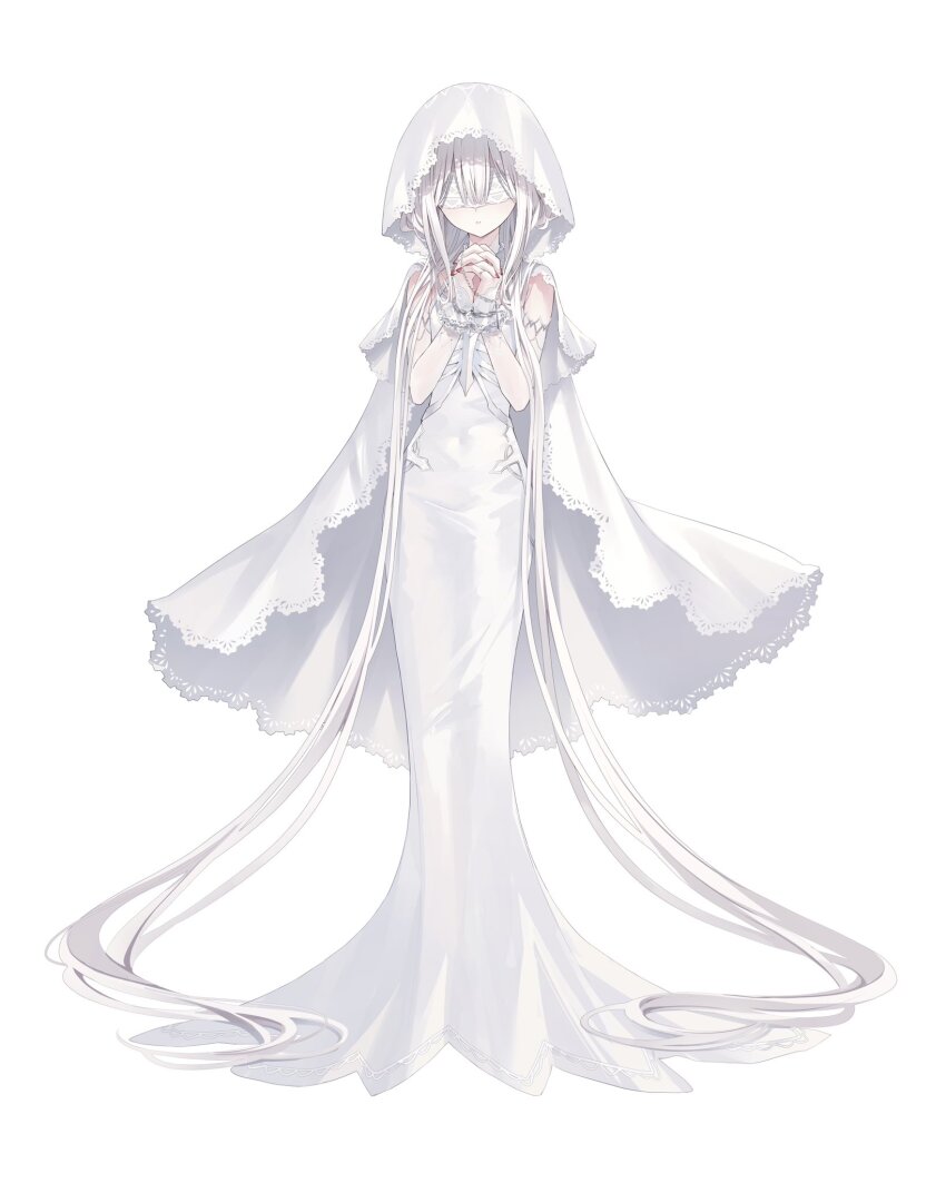 1girl absurdly_long_hair blindfold highres long_hair original own_hands_clasped rurudo solo standing veil very_long_hair white_background
