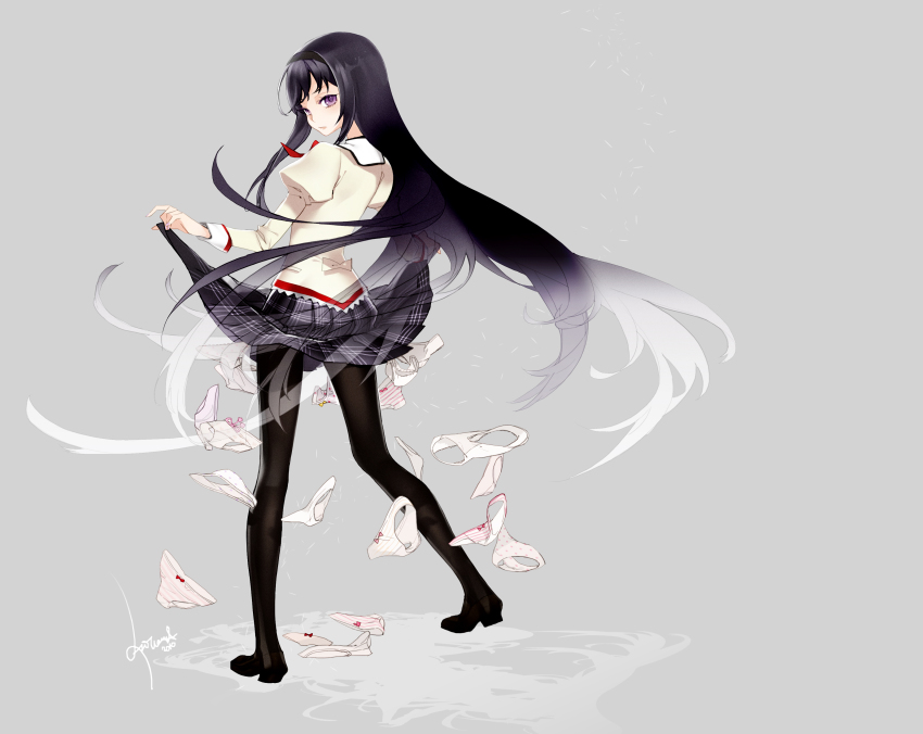 1girl absurdres akemi_homura antenna_(draconian) bakemonogatari black_hair black_pantyhose bow bow_panties clothes_lift female_focus full_body grey_background hairband highres legs_apart lifting_own_clothes long_hair mahou_shoujo_madoka_magica mahou_shoujo_madoka_magica_(anime) monogatari_(series) multiple_panties panties pantyhose parody plaid_clothes plaid_skirt polka_dot polka_dot_panties puffy_sleeves purple_eyes saitou_chiwa school_uniform senjougahara_hitagi senjougahara_pose simple_background skirt skirt_lift solo standing striped_clothes striped_panties underwear unworn_panties upskirt very_long_hair voice_actor_connection