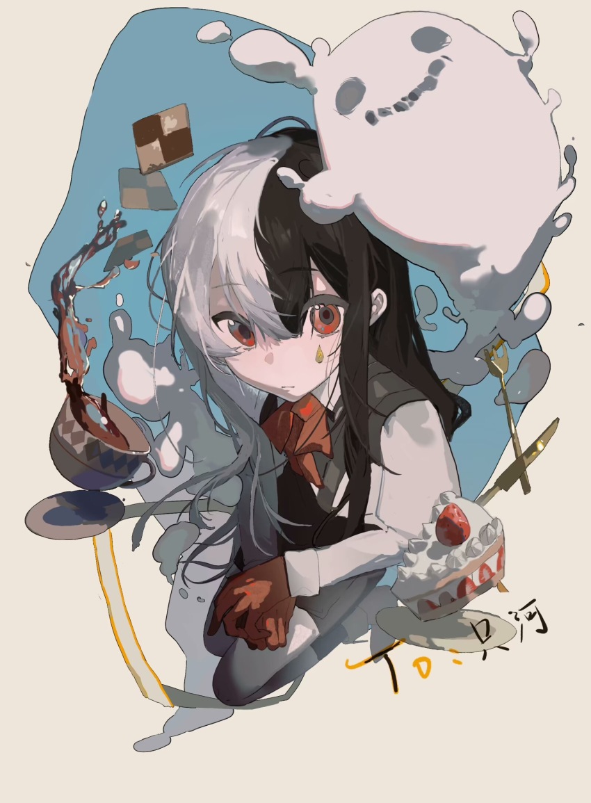1girl black_hair black_socks black_vest boots bow bowtie brown_boots cake cake_slice checkerboard_cookie chinese_commentary closed_mouth commentary_request cookie cup food fork ghost gloves highres jewel_under_eye knife kuma_(yoooooooo152) long_hair male_focus original plate red_bow red_bowtie red_eyes red_gloves shirt socks solo strawberry_shortcake teacup vest white_hair white_shirt