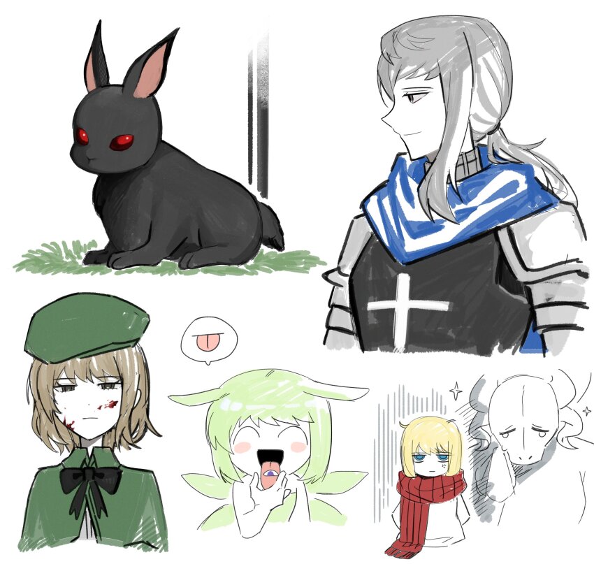 asdf1211950 black_bow black_bowtie black_souls blonde_hair blood blood_on_face blue_eyes bow bowtie brown_eyes brown_hair capelet character_request elma_(black_souls) green_capelet green_hair green_hat green_wings hat highres izu_(black_souls) leaf_(black_souls) looking_to_the_side low_ponytail open_mouth ponytail prayer_master red_eyes short_hair simple_background speech_bubble white_background wings