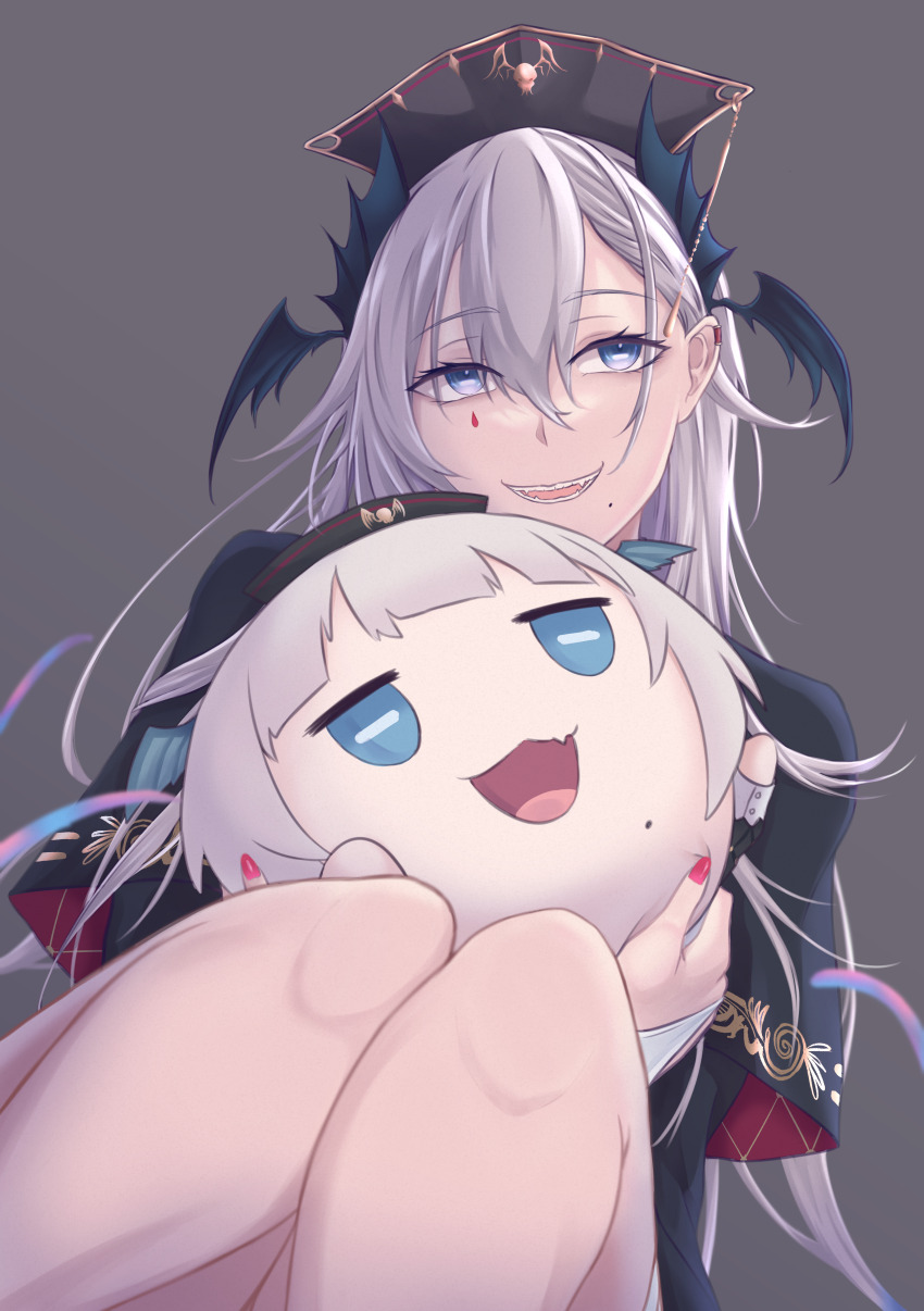 1girl absurdres black_cape black_headwear blue_eyes cape character_doll doll fang grey_background grey_hair hair_between_eyes hat head_wings highres holding holding_doll horizontal_pupils iida_pochi._(vtuber) indie_virtual_youtuber knees long_hair mole mole_under_mouth open_mouth pink_nails pochimaru_(vtuber) pochimaru_(vtuber)_(4th_costume) qtaro_(qtaro_14) teardrop_facial_mark tentacle_hair virtual_youtuber wings