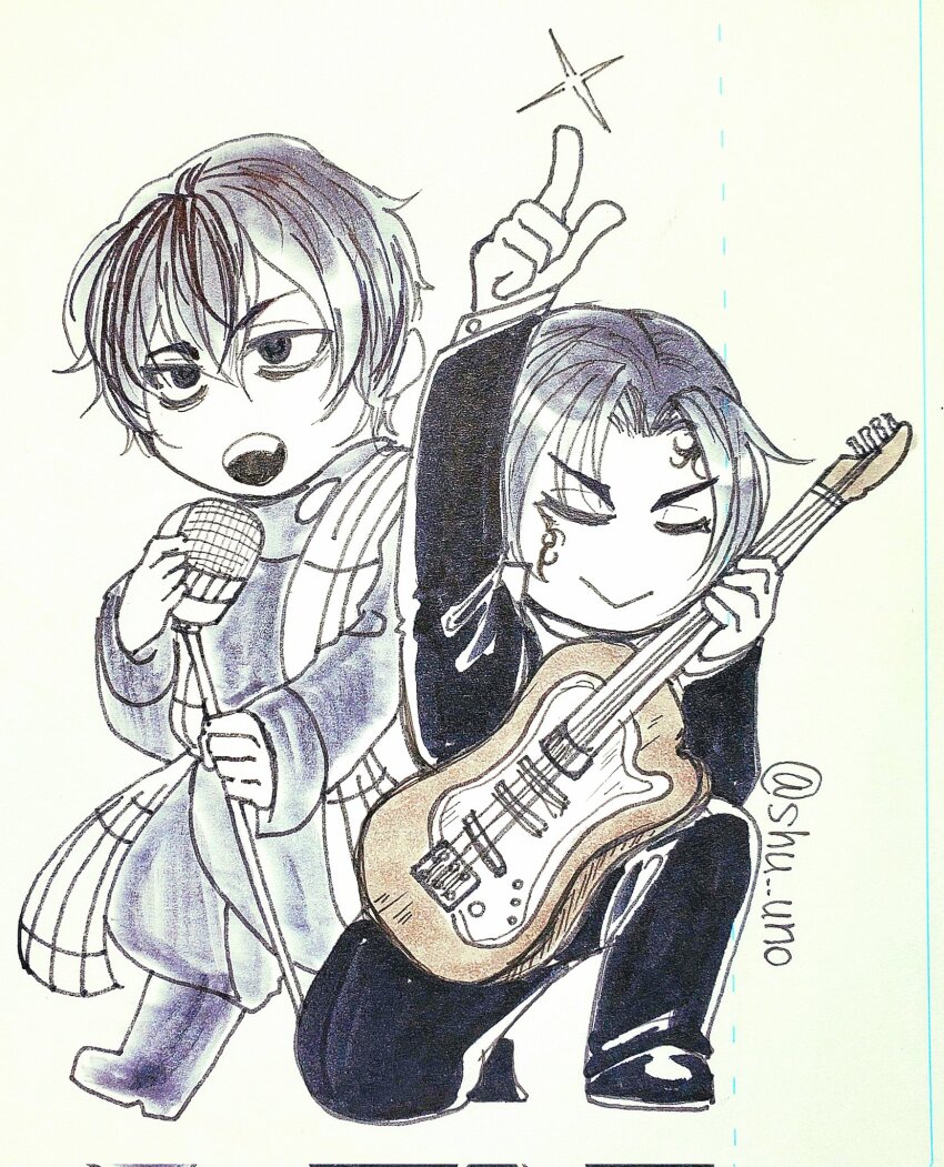 2boys alternate_costume arm_up bags_under_eyes beelzebub_(shuumatsu_no_valkyrie) black_eyes black_footwear black_hair black_jacket black_robe boots closed_mouth cloth collared_shirt curly_hair guitar hair_between_eyes half-closed_eyes high_collar highres holding holding_guitar holding_instrument holding_microphone holding_microphone_stand jacket jitome kneeling looking_ahead male_focus messy_hair microphone microphone_stand multiple_boys nikola_tesla_(shuumatsu_no_valkyrie) pointing pointing_up robe sash shirt short_hair shuumatsu_no_valkyrie sparkle white_shirt