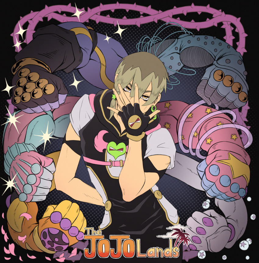 1boy braid bubble clenched_hand copyright_name covering_face crazy_diamond diamond_wa_kudakenai disembodied_hand fingerless_gloves gloves gold_experience grey_hair hair_ornament hermit_purple highres jodio_joestar jojo_no_kimyou_na_bouken jojo_pose jojolion jonathan_joestar&#039;s_pose_(jojo) kristallion ladybug_ornament petals plant side_braid soft_&amp;_wet stand_(jojo) star_(symbol) star_hair_ornament star_platinum stardust_crusaders steel_ball_run stone_free stone_ocean string the_jojolands thorns tusk_(stand) tusk_act4 vento_aureo vines yellow_eyes