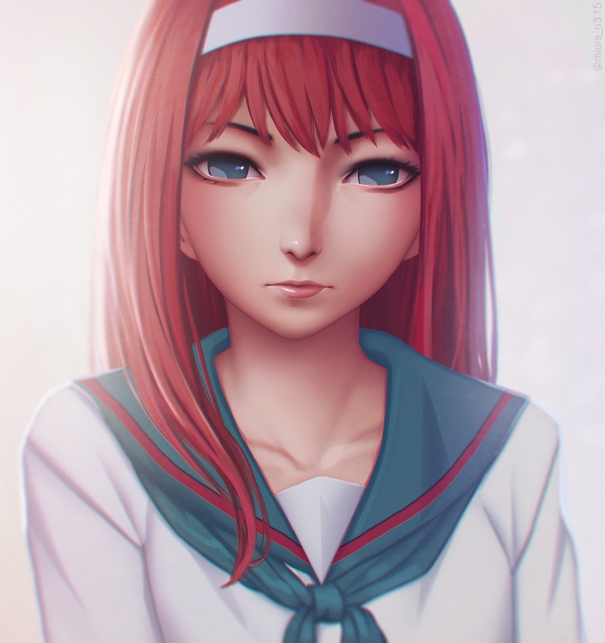 1girl bad_id bad_pixiv_id blue_eyes closed_mouth collarbone female_focus hairband highres lips long_hair looking_at_viewer miura-n315 no_pupils nose red_hair sailor_collar school_uniform serafuku solo tohno_akiha toono_akiha tsukihime upper_body vermillion_akiha
