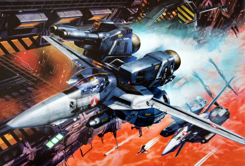 1boy 2boys canopy choujikuu_yousai_macross cockpit contrail damaged dirty energy_cannon fleet gunpod hangar helmet ichijou_hikaru jolly_roger lights machinery macross macross:_do_you_remember_love? mars_(planet) mecha missile missile_pod multiple_boys official_art orbit pilot_suit planet promotional_art realistic robot roy_focker scan science_fiction sdf-1 sign skull_squadron space spacecraft spacesuit tenjin_hidetaka thrusters traditional_media variable_fighter vehicle_focus vf-1 vf-1_strike vf-1_super vf-1a vf-1s warning_sign