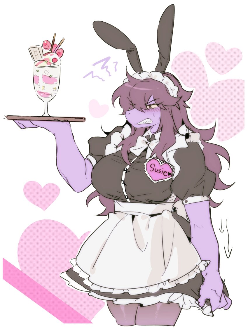1girl absurdres alternate_costume animal_ear_hairband animal_ears apron arrow_(symbol) black_dress blush bow breasts character_name clenched_teeth colored_sclera colored_skin cropped_legs cup deltarune dress embarrassed fake_animal_ears food four_weeks frilled_apron frills frown furry furry_female hairband hand_up heart heart_background highres holding holding_tray ice_cream large_breasts long_hair name_tag pantyhose puffy_short_sleeves puffy_sleeves pulling_own_clothes purple_hair purple_skin reptile_girl sharp_teeth short_dress short_sleeves skirt skirt_tug solo squiggle sundae susie_(deltarune) sweatdrop teeth tray waist_apron waitress white_bow yellow_sclera