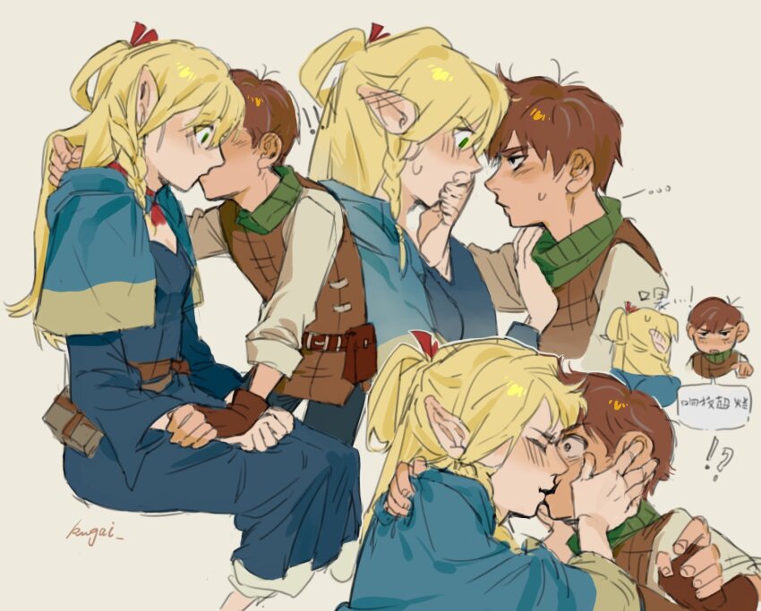 !? 1boy 1girl artist_name bandana belt black_eyes black_pants blonde_hair blue_capelet blue_dress blush braid brown_belt brown_hair brown_vest capelet chilchuck_tims chinese_text choker closed_eyes closed_mouth commentary covering_another&#039;s_mouth cowboy_shot dress dungeon_meshi english_commentary green_bandana green_eyes grey_background hair_between_eyes hair_ribbon hand_on_another&#039;s_face hand_up hands_on_another&#039;s_face hetero highres kiss kugai697139 long_hair long_sleeves looking_at_another marcille_donato multiple_views open_mouth pants pocket pointing pointing_at_another pointy_ears red_choker red_ribbon ribbon shirt short_hair simple_background sitting speech_bubble standing surprise_kiss surprised sweatdrop tan translation_request upper_body vest white_shirt wide_sleeves