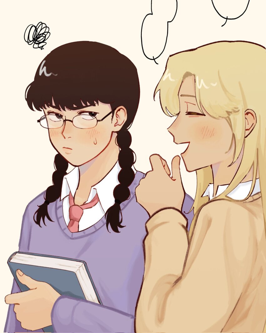 2girls annoyed black-framed_eyewear black_eyes black_hair blank_speech_bubble blonde_hair blush book braid brown_sweater closed_eyes closed_mouth collared_shirt commentary commentary_request dokjasepilogue english_commentary frown glasses hand_up happy highres holding holding_book kurume_makoto long_hair looking_at_another looking_to_the_side multiple_girls murashige_yuzuki necktie open_mouth purple_sweater red_necktie round_eyewear school_uniform shirt simple_background skip_to_loafer small_sweatdrop speech_bubble squiggle sweater tsubame_nishi_high_school_uniform twin_braids twintails upper_body v-shaped_eyebrows white_shirt