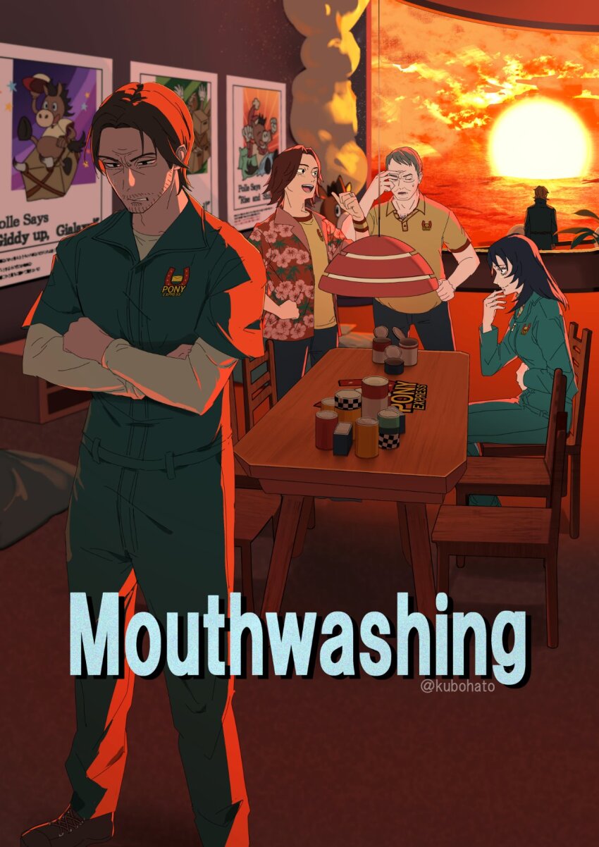 1girl 4boys anime_coloring animification anya_(mouthwashing) artist_name black_hair brown_hair can chair chest_hair clenched_teeth copyright_name crossed_arms curly_(mouthwashing) curly_(pre-crash)_(mouthwashing) daisuke_(mouthwashing) foam frown grey_hair hawaiian_shirt highres jimmy_(mouthwashing) jumpsuit kubota_hato mouthwashing multiple_boys polle_(mouthwashing) poster_(object) shirt sitting smile sunset swansea_(mouthwashing) table teeth white_undershirt yellow_shirt