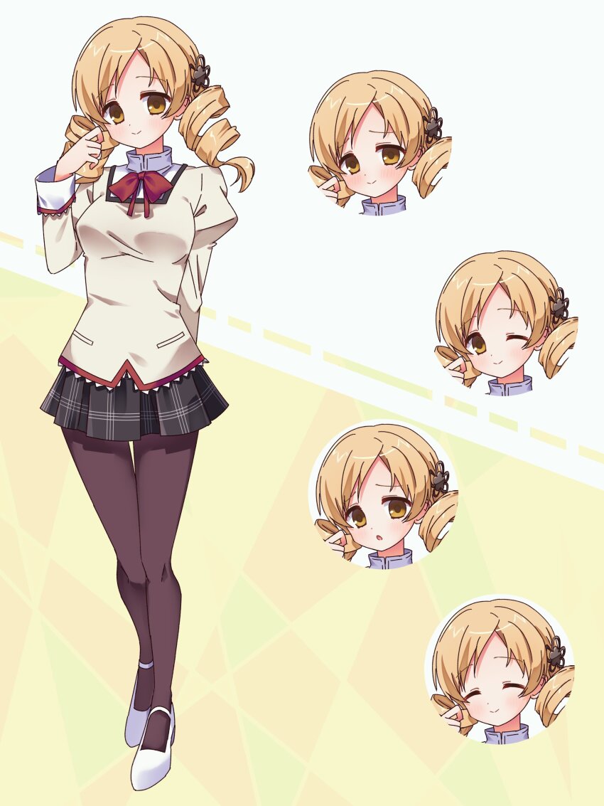 1girl :o ^_^ absurdres black_pantyhose black_skirt blonde_hair bow bowtie closed_eyes closed_mouth collared_shirt dot_nose dotted_line drill_hair multiple_expressions flower_hairpin full_body furrowed_brow happy high_collar highres juliet_sleeves knees lace lace-trimmed_shirt lace-trimmed_sleeves lace_trim light_blush long_hair long_sleeves mahou_shoujo_madoka_magica mahou_shoujo_madoka_magica_(anime) mary_janes miniskirt mitakihara_school_uniform one_eye_closed pantyhose parody parody_request plaid_clothes plaid_skirt pleated_skirt pocket puffy_sleeves red_bow red_bowtie ruru_(rurumagi) school_uniform shirt shoes skirt smile standing style_parody tachi-e tomoe_mami tsurime twin_drills two-tone_background white_background white_footwear white_sleeve_cuffs worried yellow_background yellow_eyes yellow_shirt
