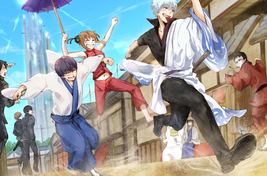 1girl 6+boys black_hair black_ribbon brown_eyes brown_hair conone day elizabeth_(gintama) closed_eyes gintama hair_ribbon hand_in_pocket hasegawa_taizou highres hijikata_toushirou holding holding_umbrella kagura_(gintama) katsura_kotarou long_hair multiple_boys navel okita_sougo open_mouth outdoors ribbon road sakata_gintoki shimura_shinpachi short_hair silver_hair street umbrella yamazaki_sagaru