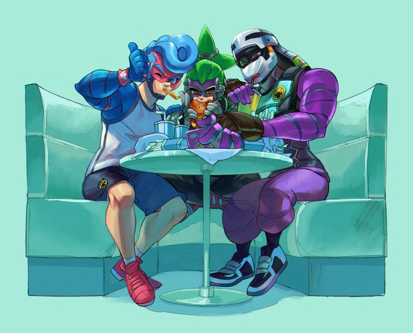 3boys aqua_background arms_(game) bad_id bad_twitter_id blue_eyes blue_hair booth_seating burger cup disposable_cup domino_mask eating food food_in_mouth french_fries full_body green_eyes green_hair helmet heterochromia highres kid_cobra looking_at_viewer male_focus mask multiple_boys ninjara_(arms) nkraae official_style one_eye_closed orange_eyes pompadour ponytail purple_eyes short_hair simple_background sitting spring_man_(arms) table tank_top thumbs_up wristband