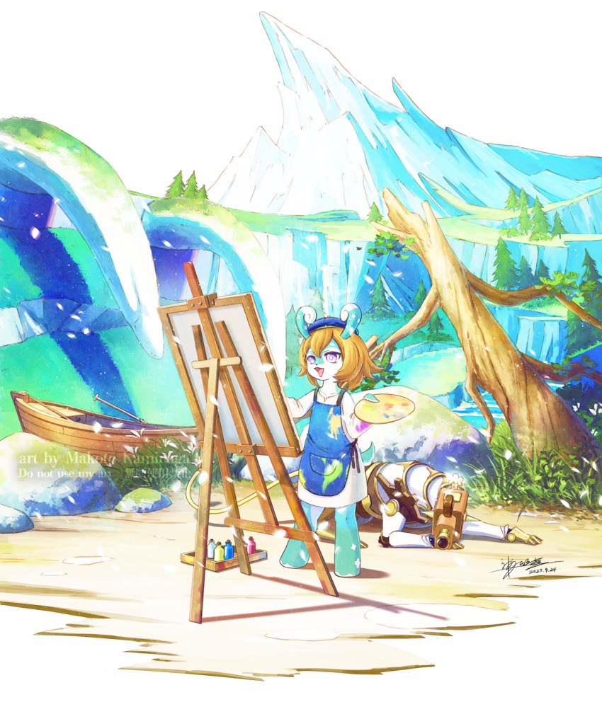 1girl :d apron artist_name bare_tree beach beret blue_apron blue_hat boat brown_hair canvas_(object) cliff commentary_request dated day dress easel furry furry_female genshin_impact grass hair_between_eyes hat highres horns kaminaga_mutsumi long_sleeves mamere_(genshin_impact) melusine_(genshin_impact) moss mountain non-humanoid_robot oar open_mouth outdoors paint_on_clothes paint_palette painting_(action) pocket purple_eyes ribs robot robot_animal rock rowboat sand scenery seymour_(genshin_impact) short_hair signature smile standing tree water watercraft watermark white_dress