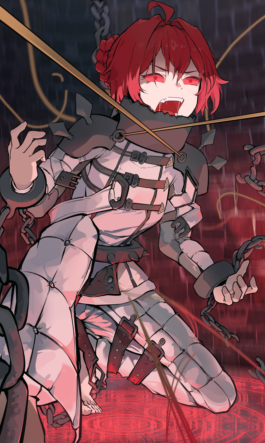 1girl absurdres ahoge alternate_costume barefoot bound bound_wrists chain colored_sclera commentary danjin_(wuthering_waves) english_commentary flat_chest folded_braid glowing glowing_eyes hair_intakes highres kneeling magic_circle open_mouth red_eyes red_hair red_sclera ryeon_(bluetom1) solo straitjacket toes wuthering_waves
