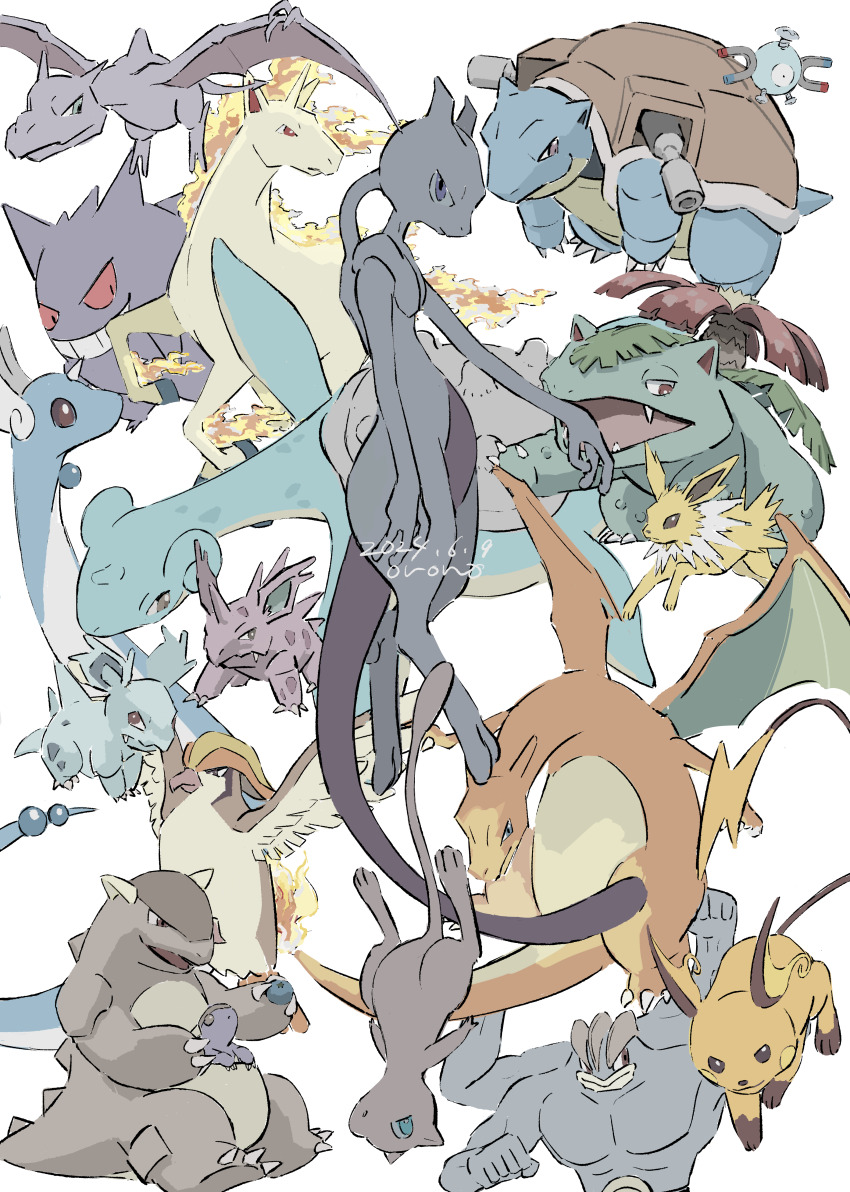 absurdres aerodactyl beak berry_(pokemon) bird blastoise blue_eyes brown_eyes charizard claws closed_mouth dragonair gen_1_pokemon gengar head_wings highres holding horns jolteon kangaskhan lapras legendary_pokemon machamp magnemite mew_(pokemon) mewtwo mythical_pokemon nidorina nidorino nintendo no_humans open_mouth oran_berry pidgeot pokemon pokemon_(creature) purple_eyes raichu rapidash red_eyes shell single_horn smile uongr357 venusaur wings