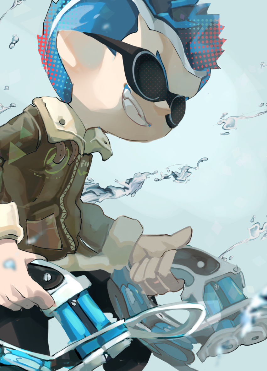 1boy blue_hair bomber_jacket brown_jacket double_egg-kun_(splatoon) grin highres holding inkling jacket koike3582 light_blue_hair long_sleeves multicolored_hair nintendo pointy_ears red_hair short_hair smile solo spiked_hair splatoon_(manga) splatoon_(series) sunglasses teeth tentacle_hair tetra_dualies_(splatoon) two-tone_hair v-shaped_eyebrows zipper