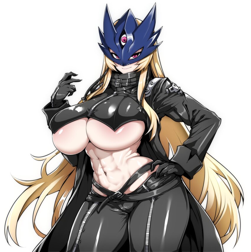 1girl abs absurdres beelstarmon belt black_gloves blonde_hair breasts closed_mouth digimon digimon_(creature) digimon_story:_time_stranger female_focus gggg gloves hand_on_own_hip highres jacket large_breasts leather leather_jacket leather_pants long_hair mask pants purple_eyes simple_background smile third_eye underboob white_background