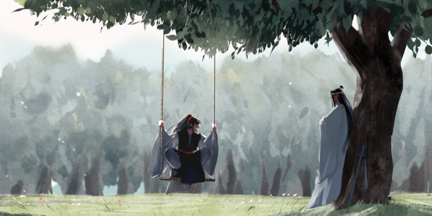 2boys black_boots black_hair black_hanfu boots chinese_clothes forest full_body grass hanfu headband high_ponytail jian_(weapon) lan_wangji long_hair long_sleeves male_focus modao_zushi multiple_boys nature on_swing open_mouth outdoors pants ponytail red_sash sash smile squatting standing swing sword sword_tassel tassel topknot tree weapon wei_wuxian white_hanfu white_headband white_pants wide_sleeves xianduguaitan xiao_guan_(headdress)